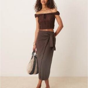 NWT Mango Brown Fringe Linen Wrap Skirt